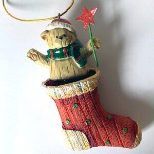 Teddy Bear in Stocking Christmas Tree Ornament, Wobbles on Hidden Spring
